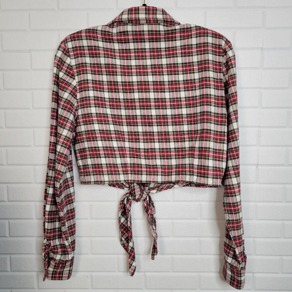 Vintage 80s plaid flannel crop tie shirt Designs by She oversized XS Country - Picture 8 of 8
